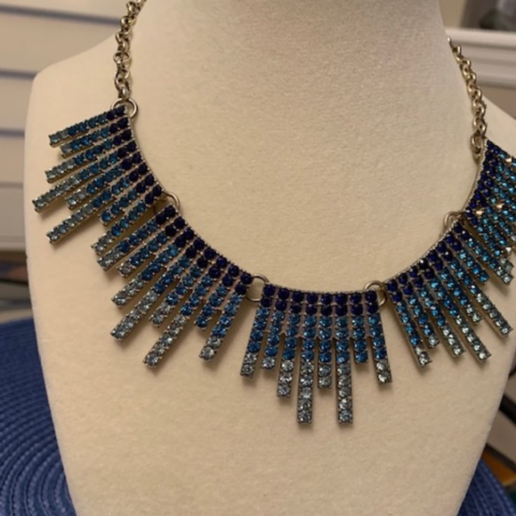 Goldtone Bib Necklace with Teal and White Stones - Picture 8 of 9